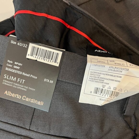 Alberto Cardinali Men's Gray Flat Front Slim Fit Dress Pants - Size 40 x 32 -NWT - Picture 3 of 7
